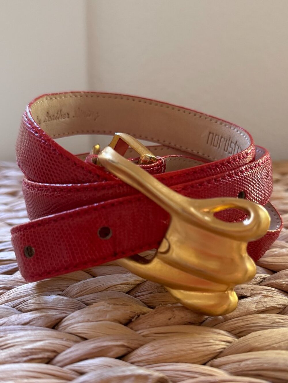 Nordstrom Vintage Red Leather Belt Gold Statement Buckle 40"